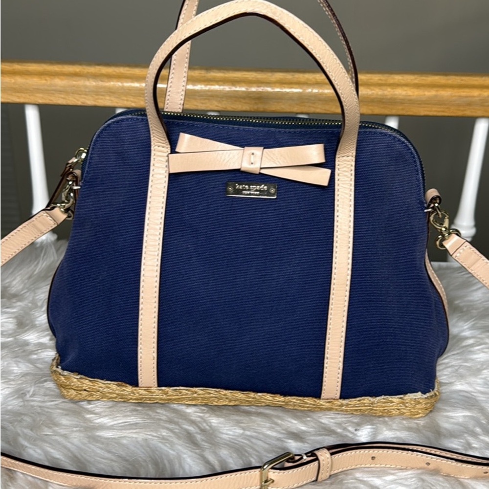 Kate Spade Handbag Crossbody Bag Dark Blue Denim Rope Leather Accents - Picture 5 of 7